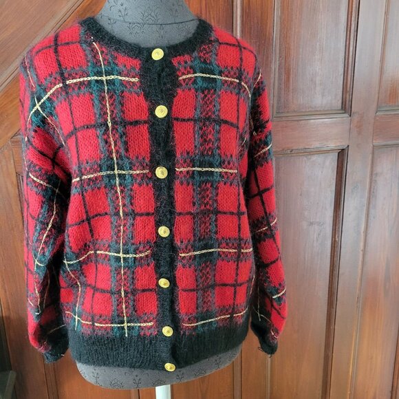 Vintage Robert Scott Ltd Plaid Mohair Blend Cardigan Sweater M - Picture 1 of 3
